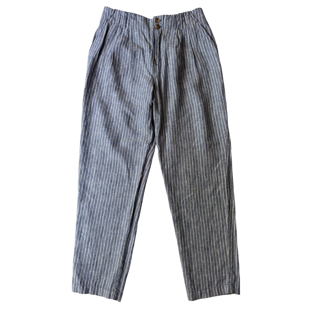 Garnet Hill Blue White Striped 100% Linen Pant Women 6 High Rise Relaxed Tapered